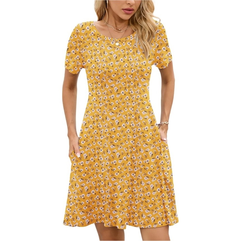 Chiclily‎ Floral Print Dress, Short Sleeve, A-Line, Casual Mini Dress, 2XL NWT